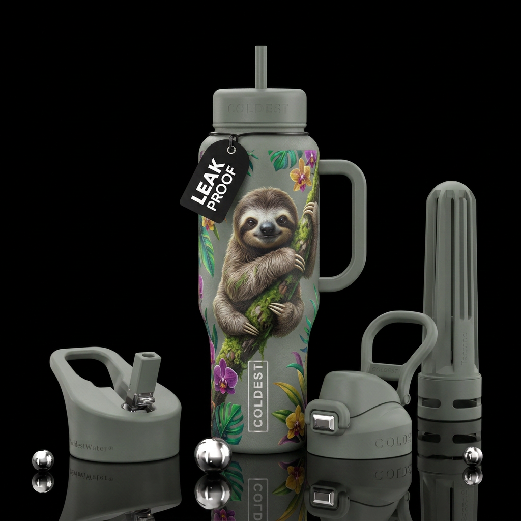baby sloth on a branch water bottle design