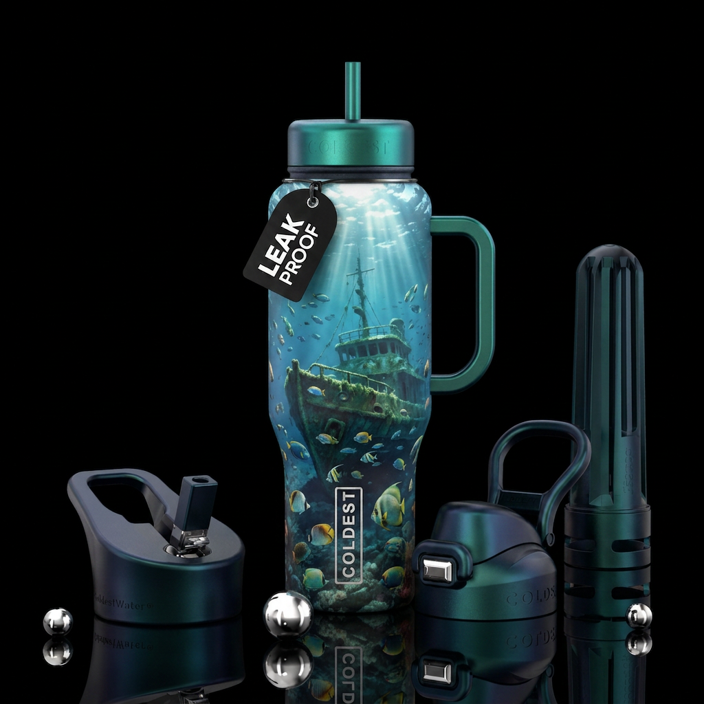 sunken boat in water, fish surrounding it , sunlig... water bottle design