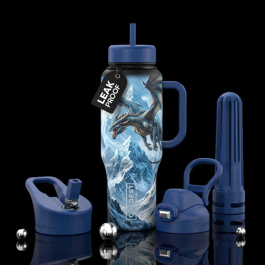 dragon on a snowy mountain water bottle design