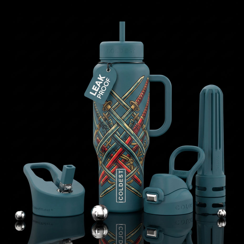 Samari swords cris crossing over each other water bottle design