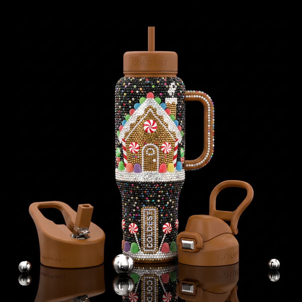 bedazzle gingerbreasd house water bottle design