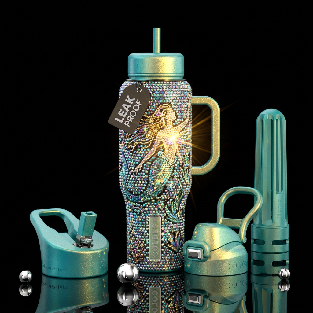 bedazzle mermaid while sunlight hits her water bottle design