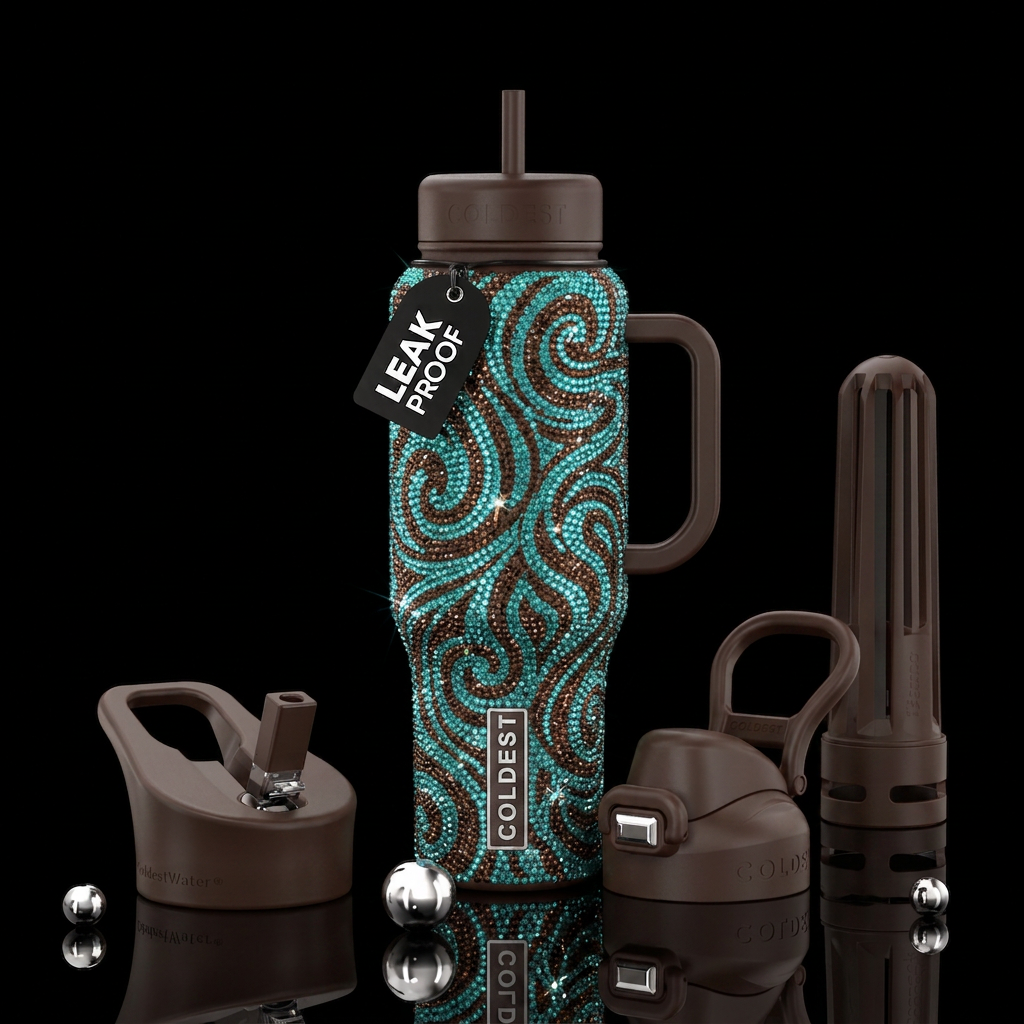 bedazzle swirls of teal and brown water bottle design