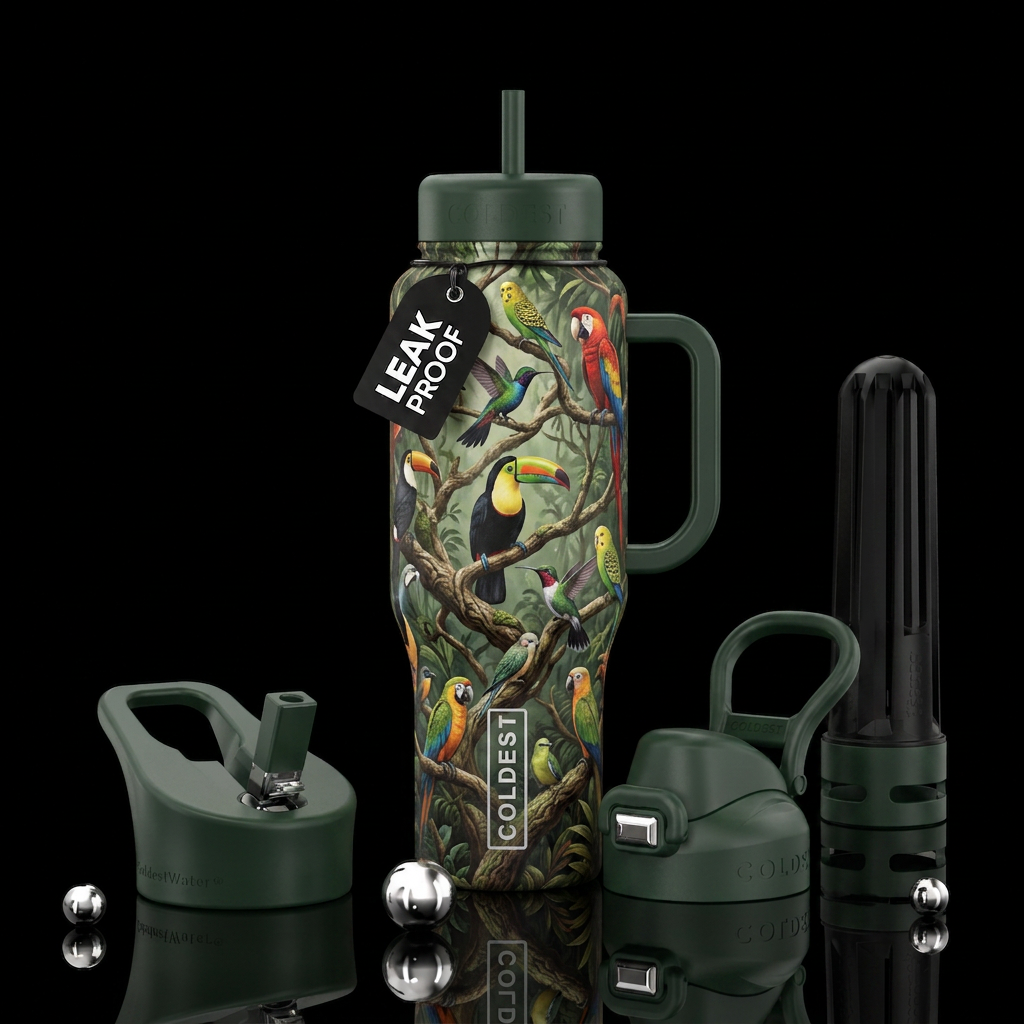 jungle tree branches with variety of birds on them water bottle design