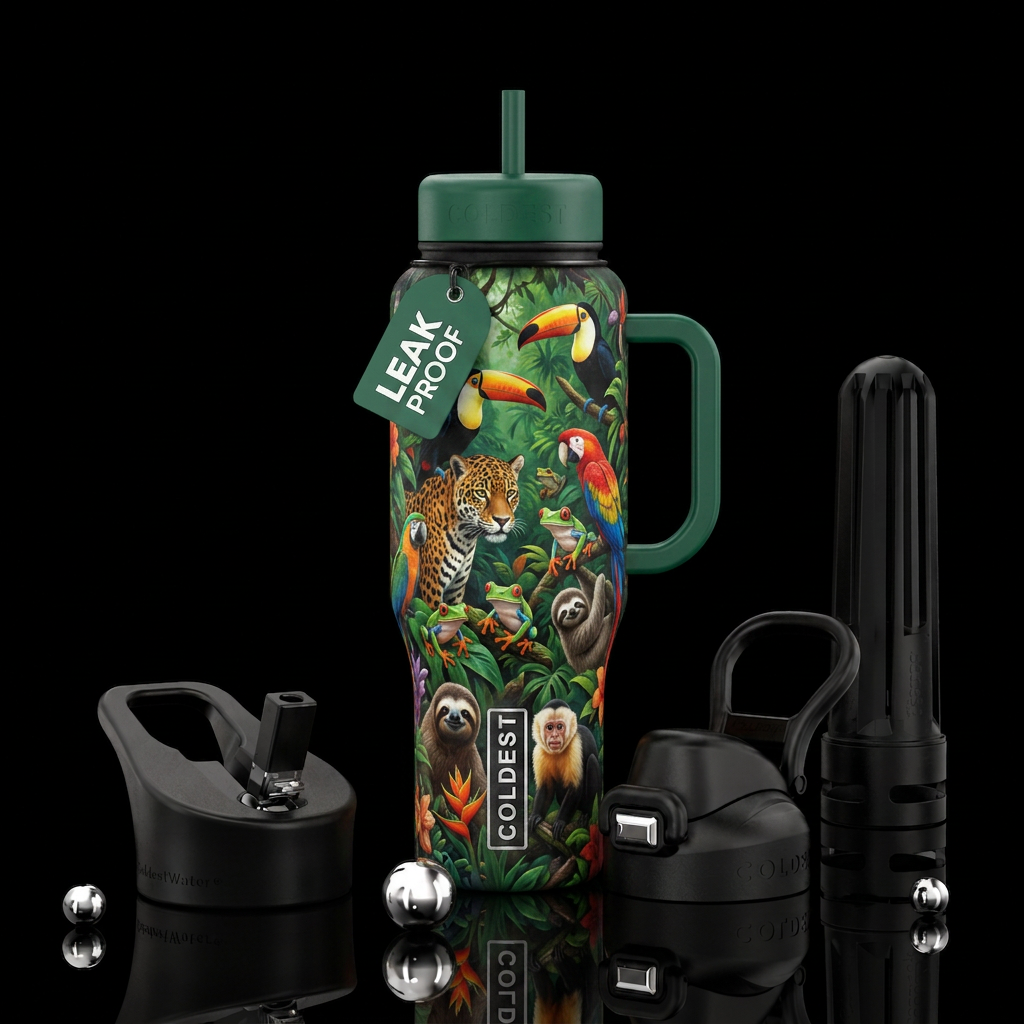 rainforest with variety of animals water bottle design