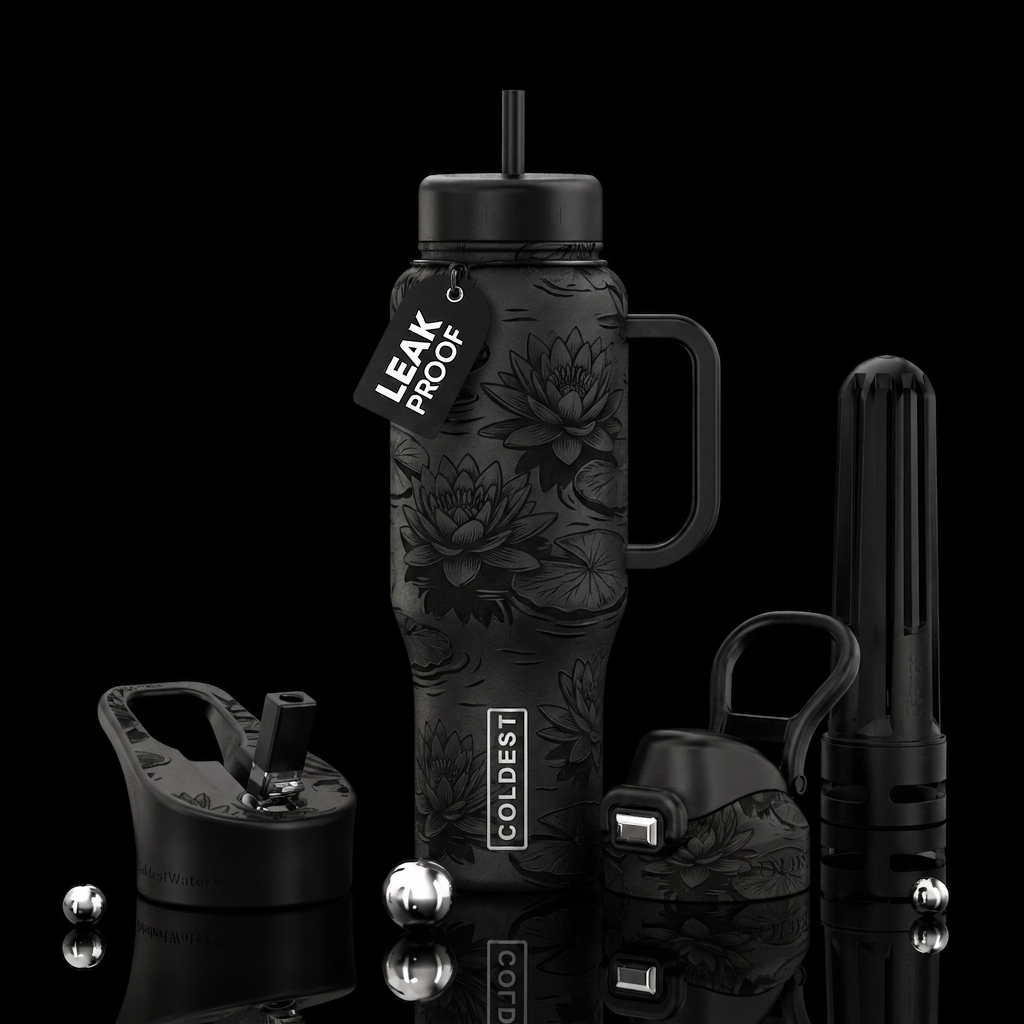 black bottle with a waterlily flower on water water bottle design