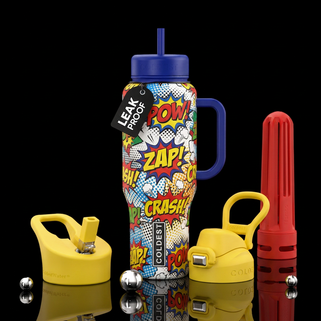 comic book fighting works dots water bottle design