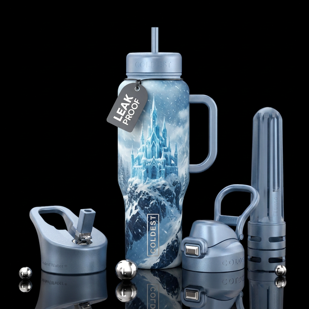 ice castle in the middle of a snow blizzard mounta... water bottle design