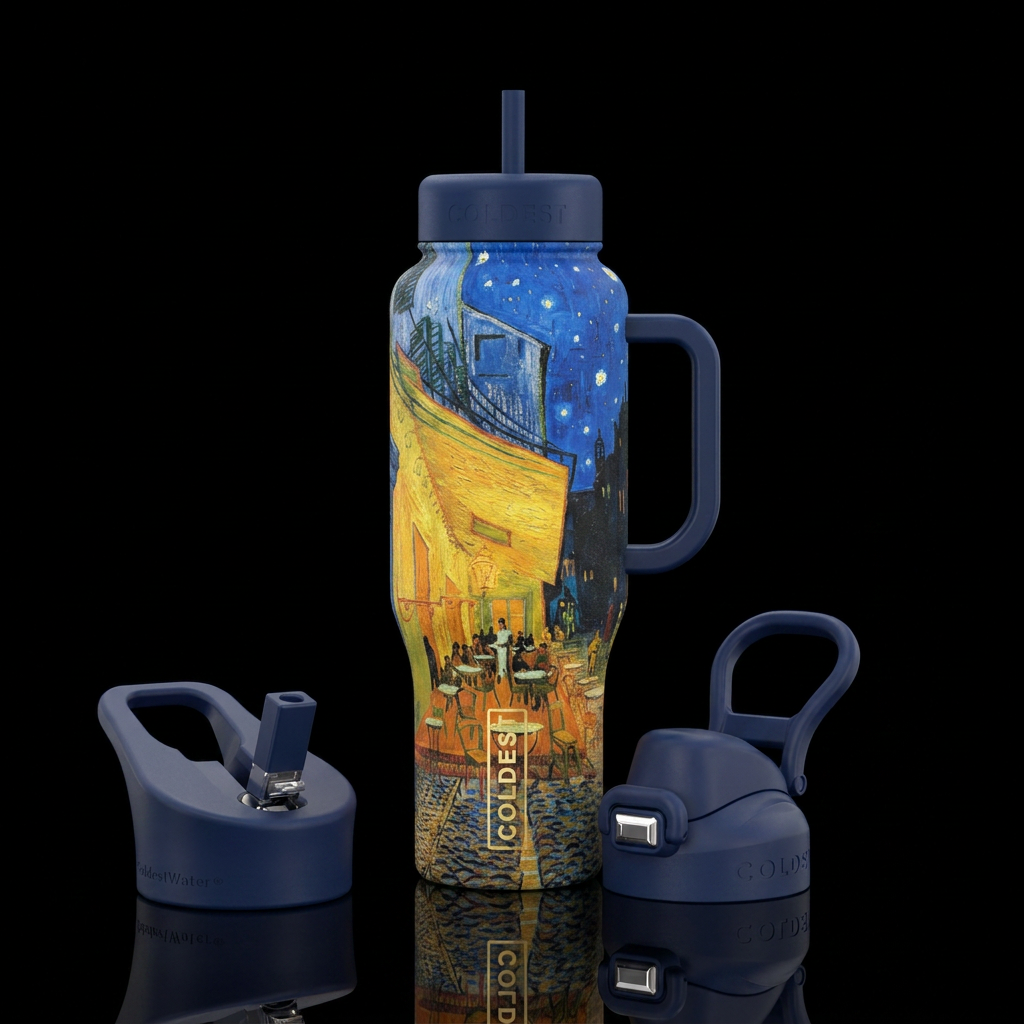 La Pastiche Cafe Terrace at Night water bottle design