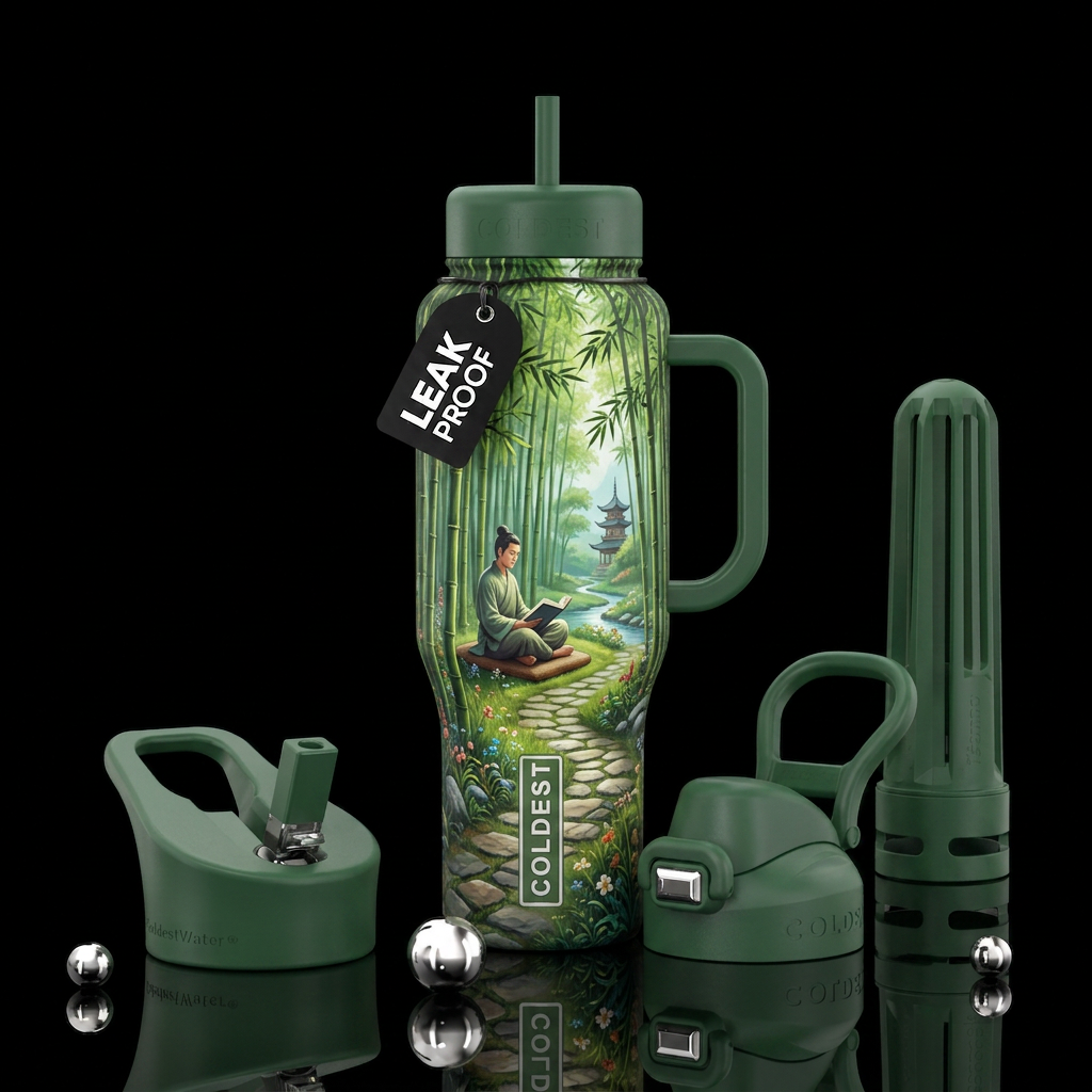 Reading in a Bamboo Grove water bottle design