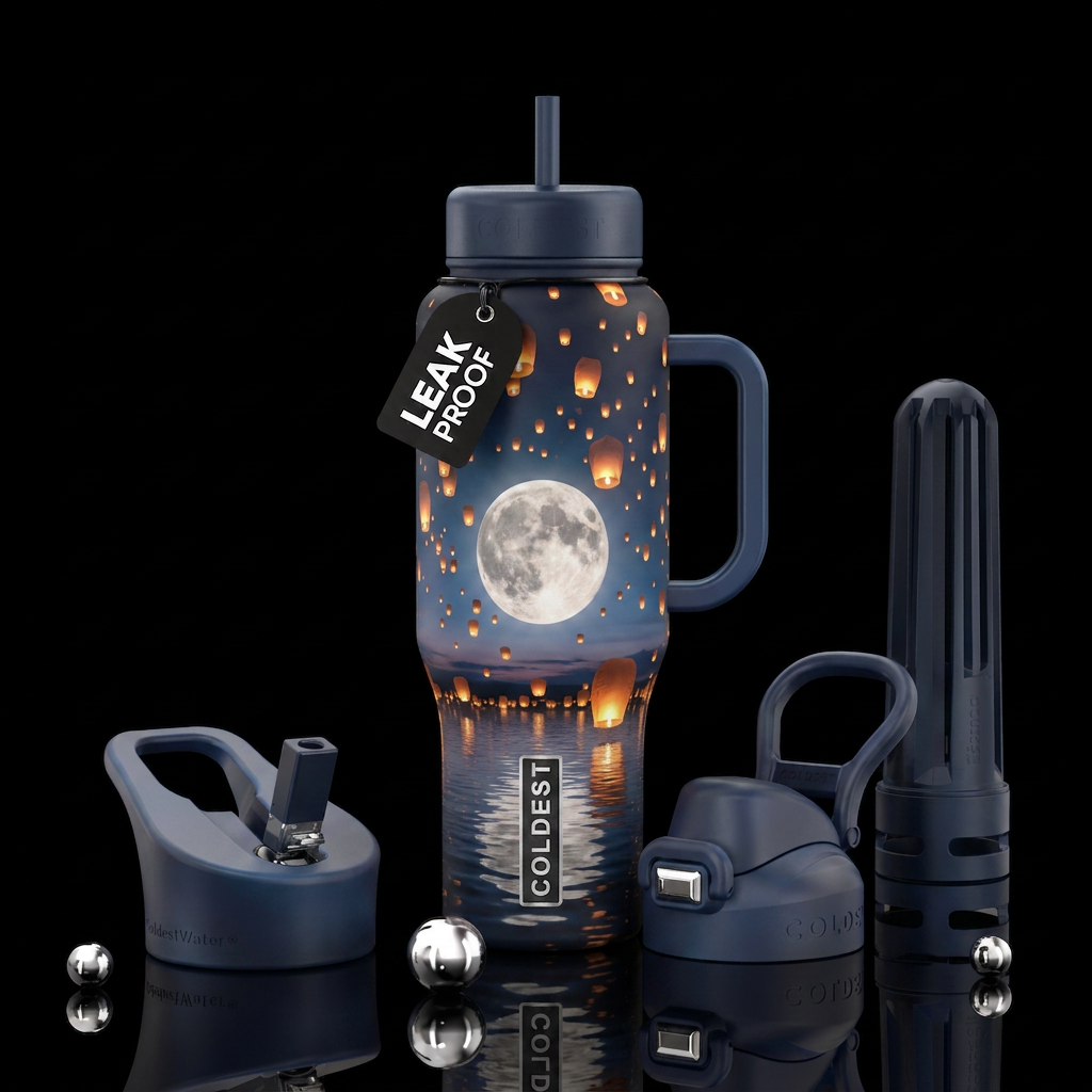 flying lanterns over water in a full moon water bottle design