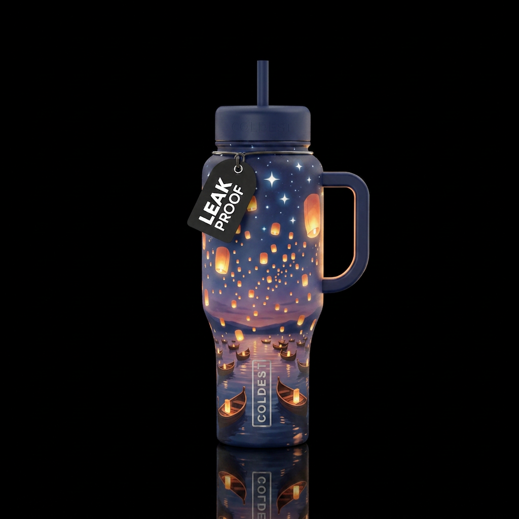 glowy latterns heading towards the sky with boats ... water bottle design