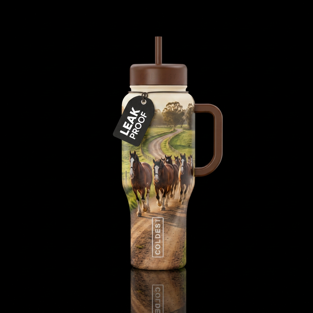 Clydesdales walking on a dirt road water bottle design