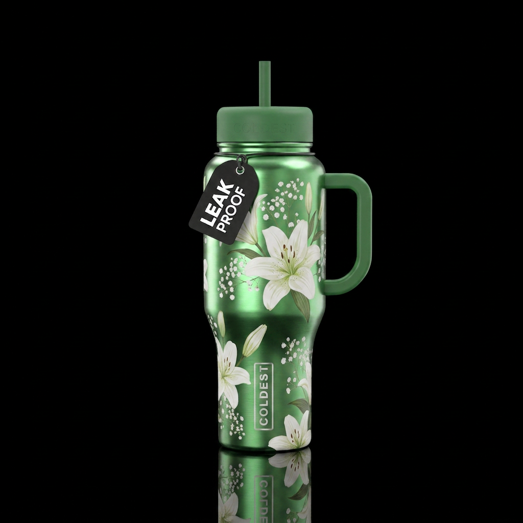 metallic green with white lillies and babybreath water bottle design