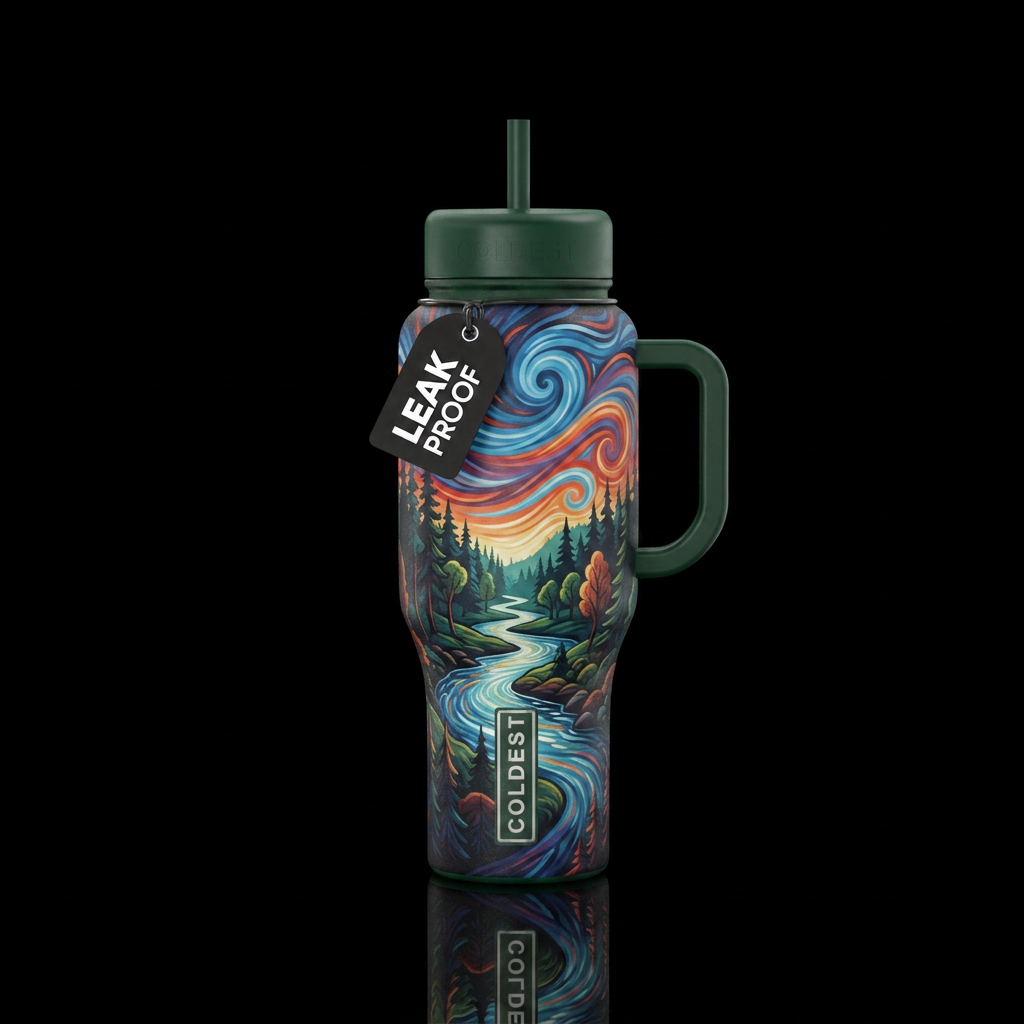 woods, river run through and colorful wind blowing water bottle design