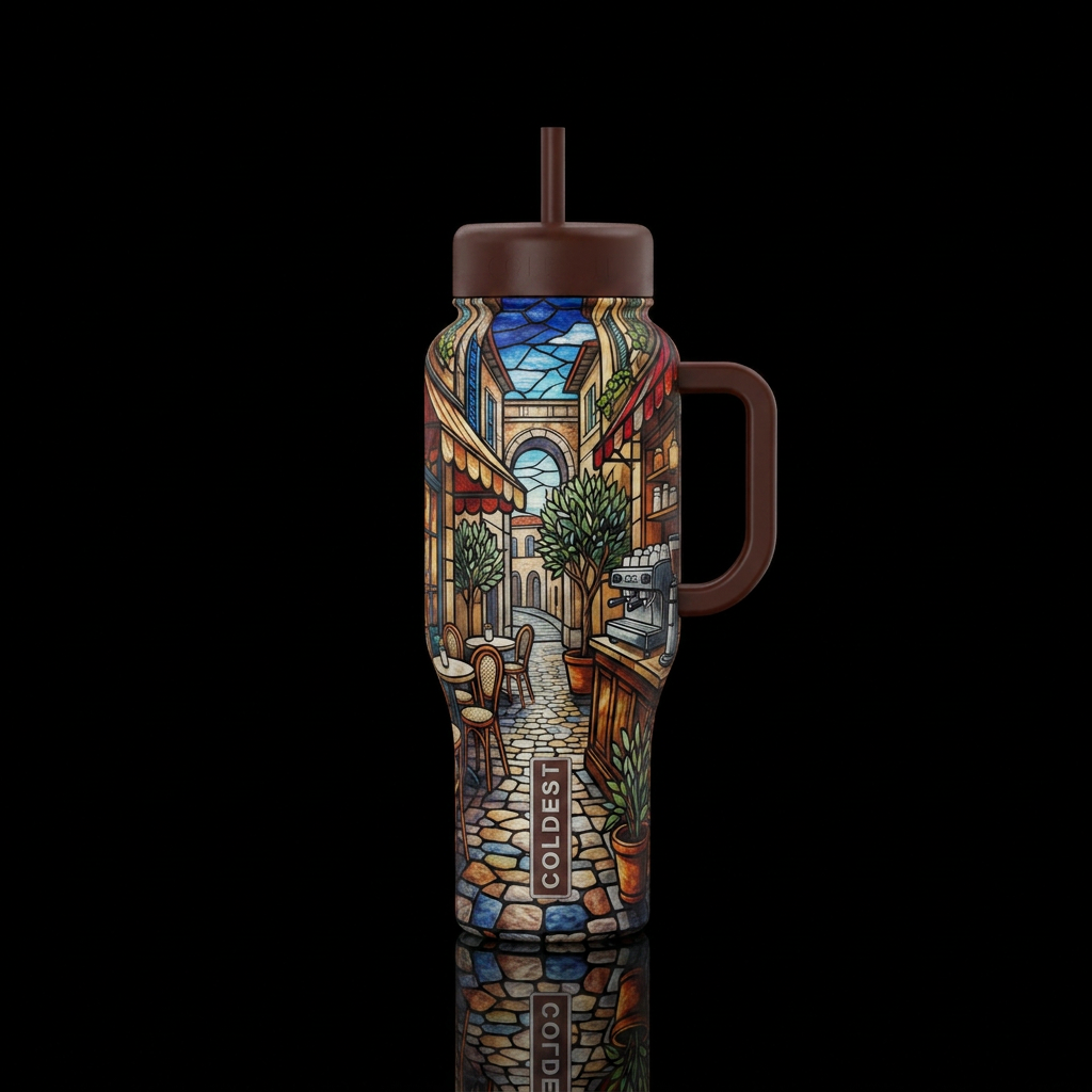 italian cafe sidewalk stained glass water bottle design