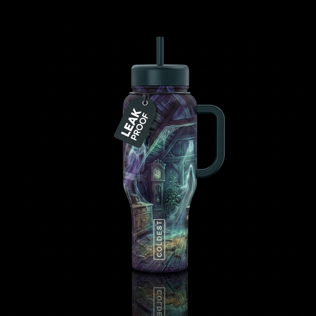 dark mood ghostly attic water bottle design