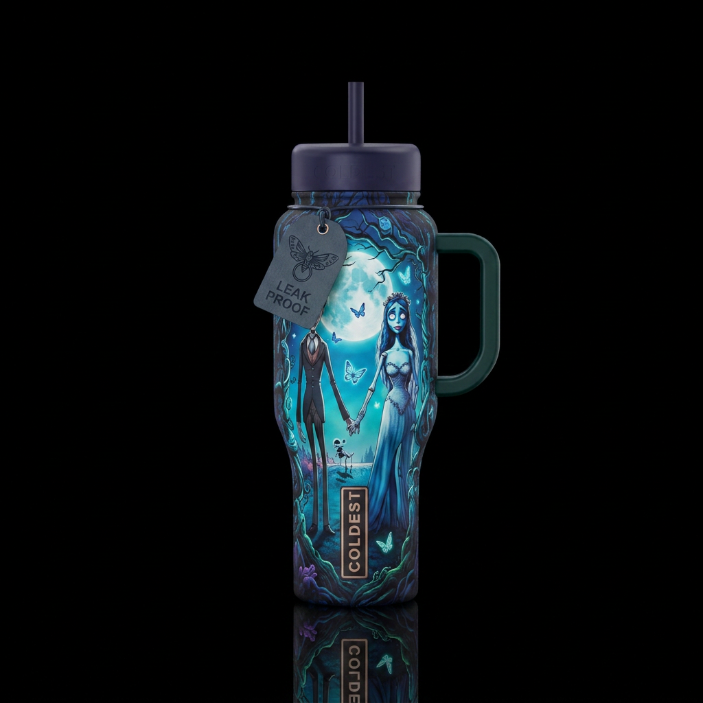 corpse bride in forest at night water bottle design