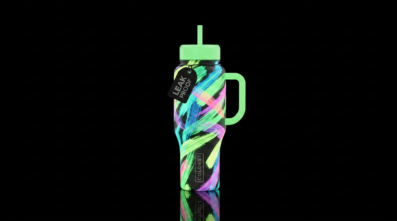 Glow in the dark brush strokes water bottle design