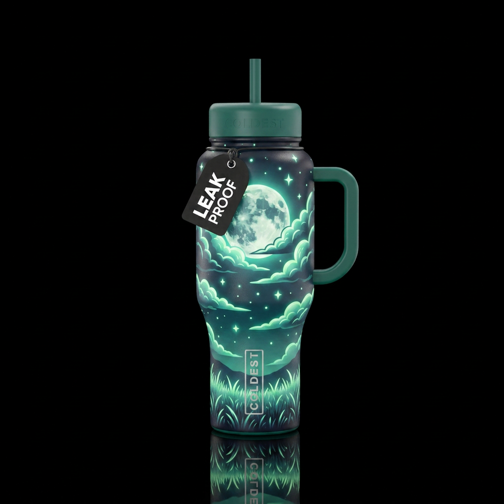 glow in the dark clouds and stars, large full moon... water bottle design