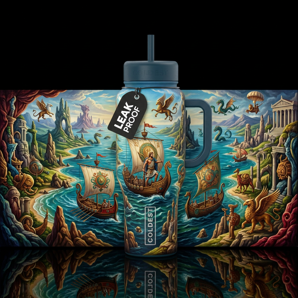 the Odessey, boats and traveling fantasy land water bottle design