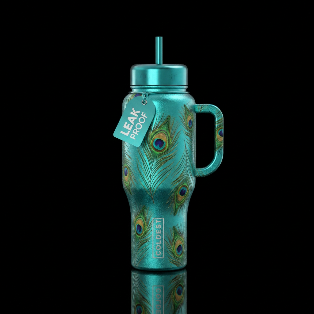 teal metallic  bottle with peacock single feathers water bottle design