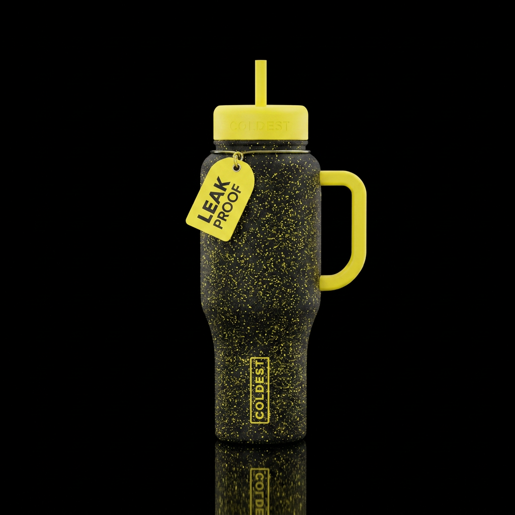yellow handle and lid,  black bottle with yellow s... water bottle design