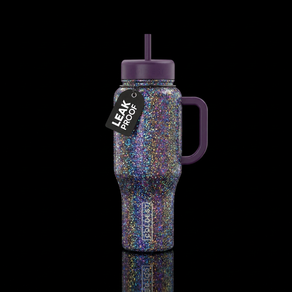 colorful glitter on a black cup water bottle design