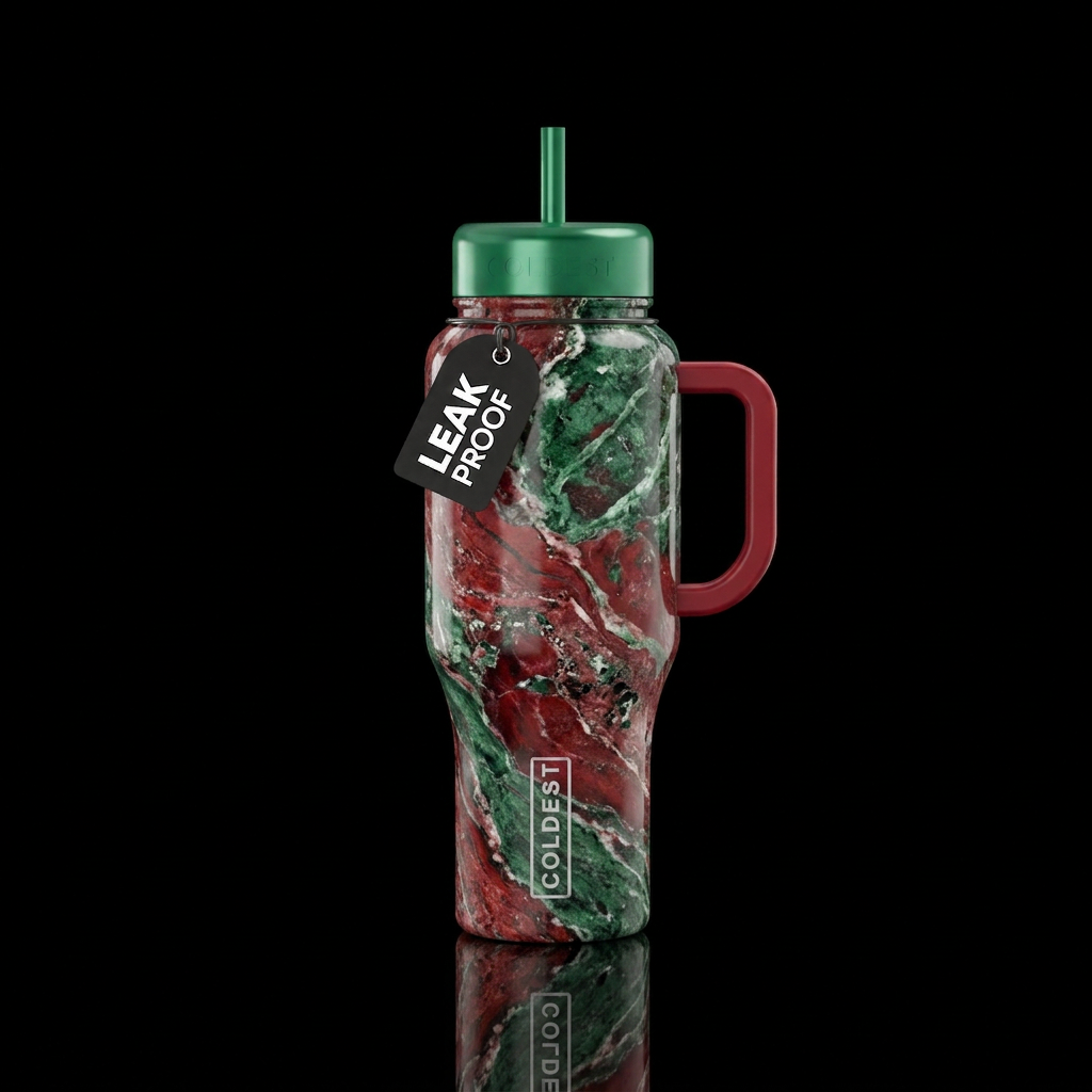 marble, red and green water bottle design