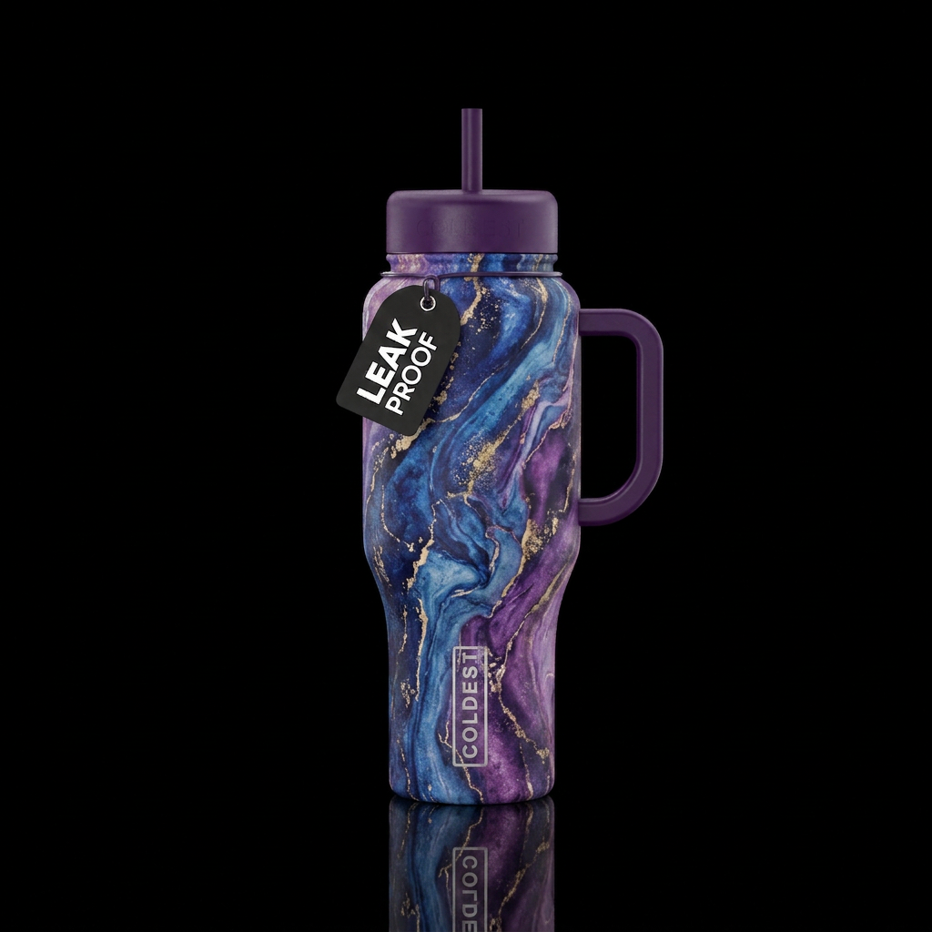 marble, blue and purple water bottle design