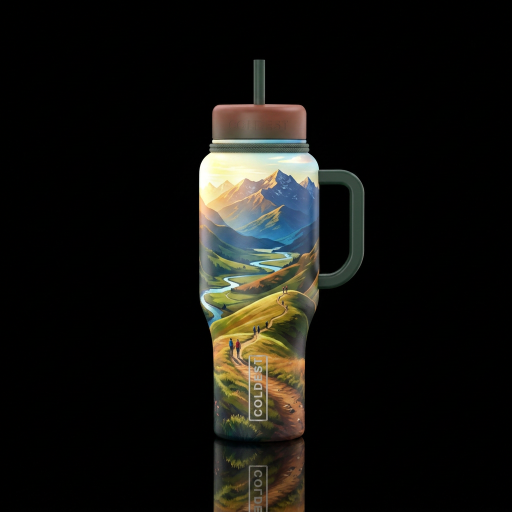 epic journey, hills, beautiful landscape water bottle design