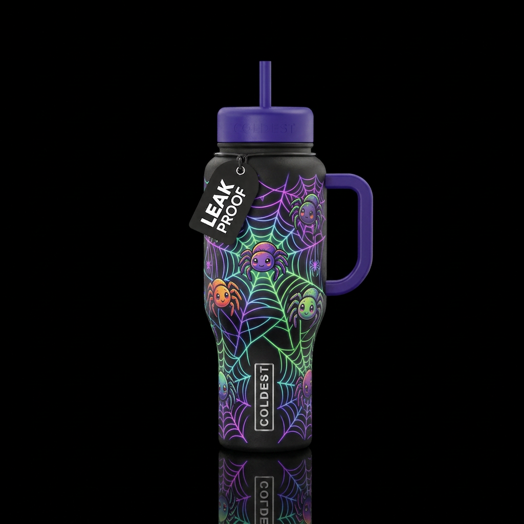 cute spiders on glowy spider webs water bottle design