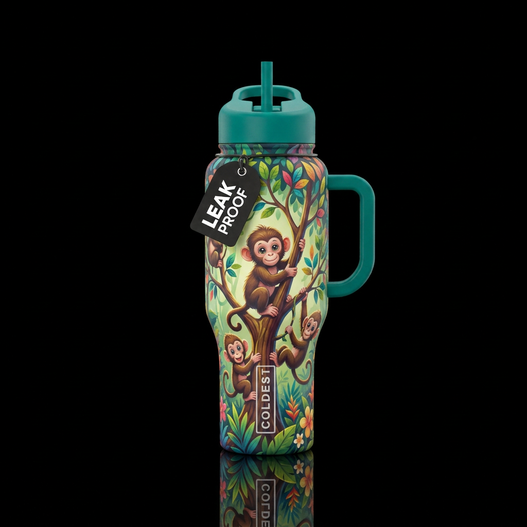 cute baby monkeys on trees water bottle design