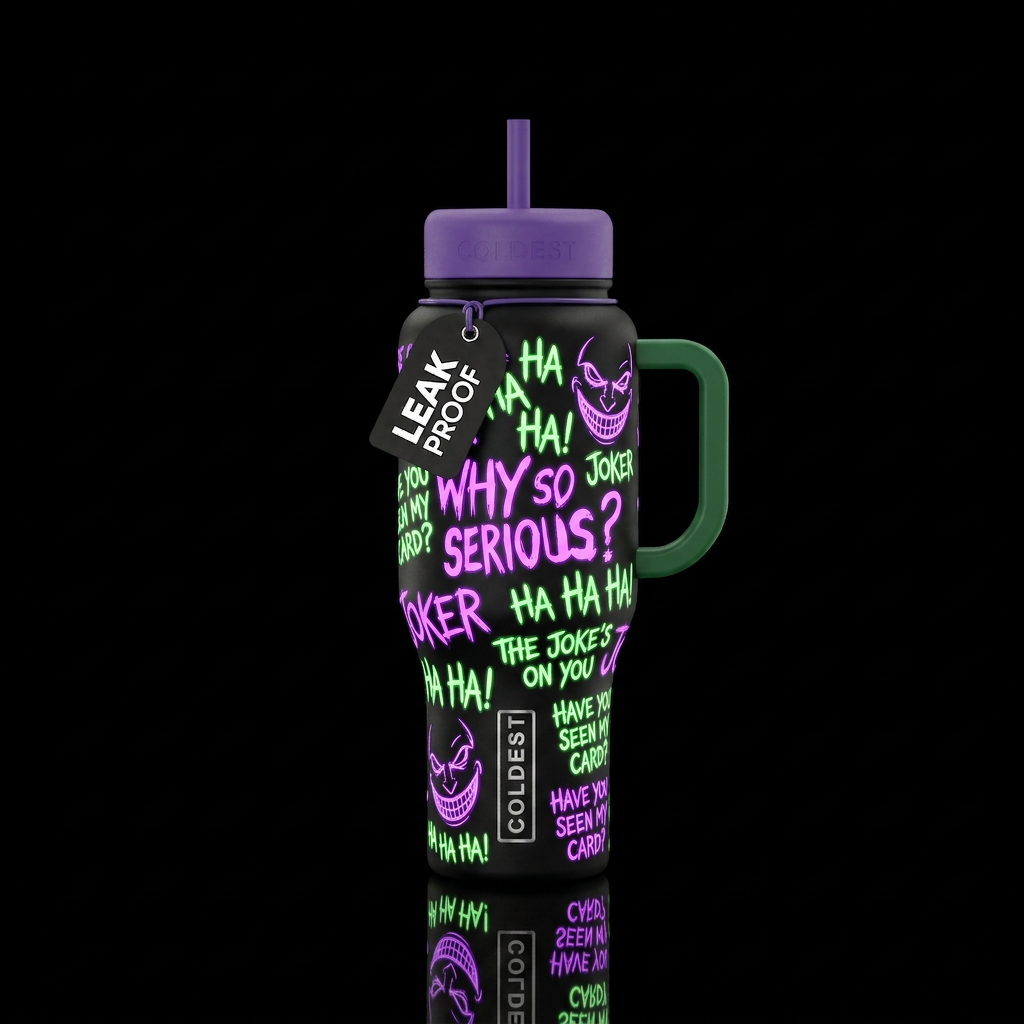 neon joker writing on a black bottle water bottle design