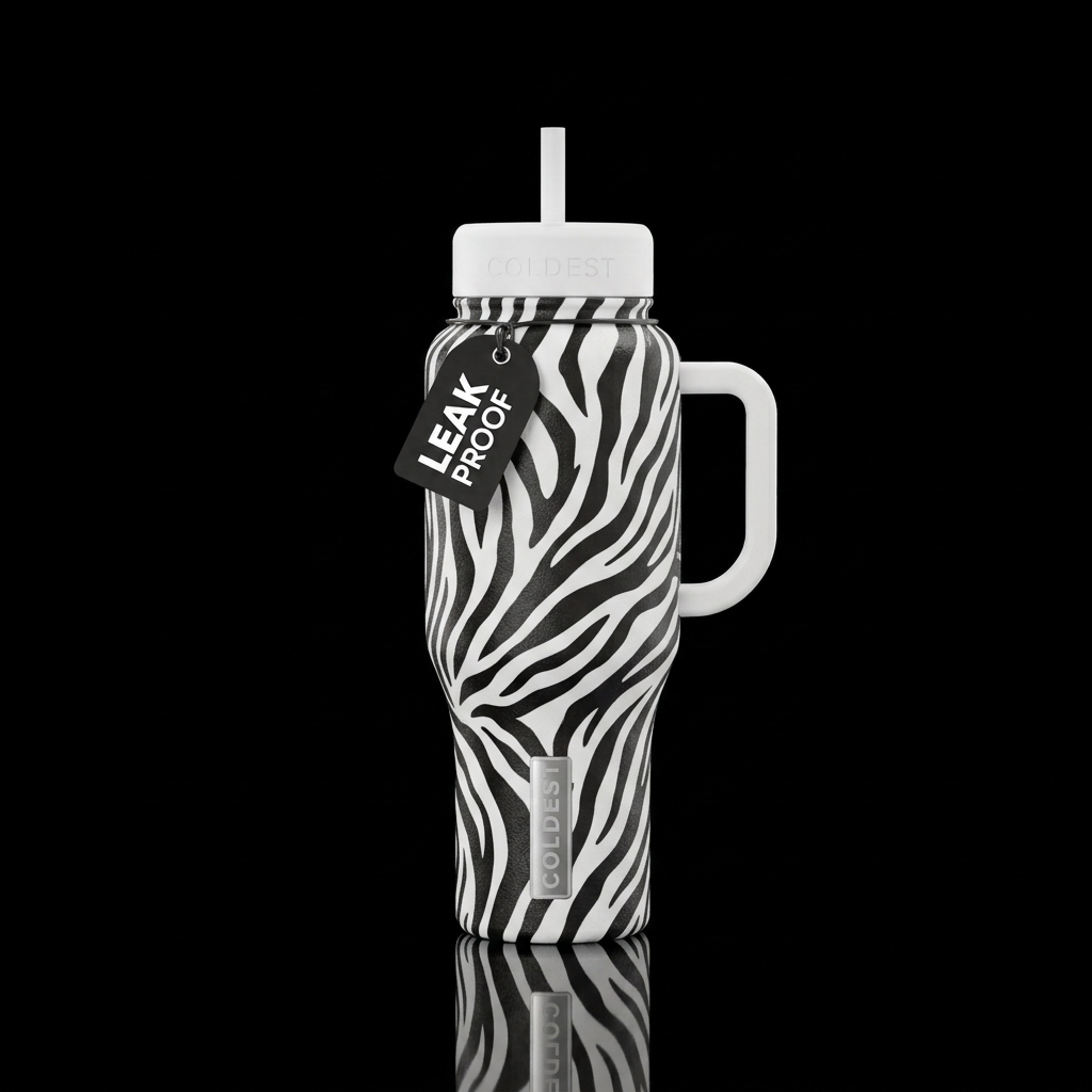 black and white zebra prints with white handle and... water bottle design