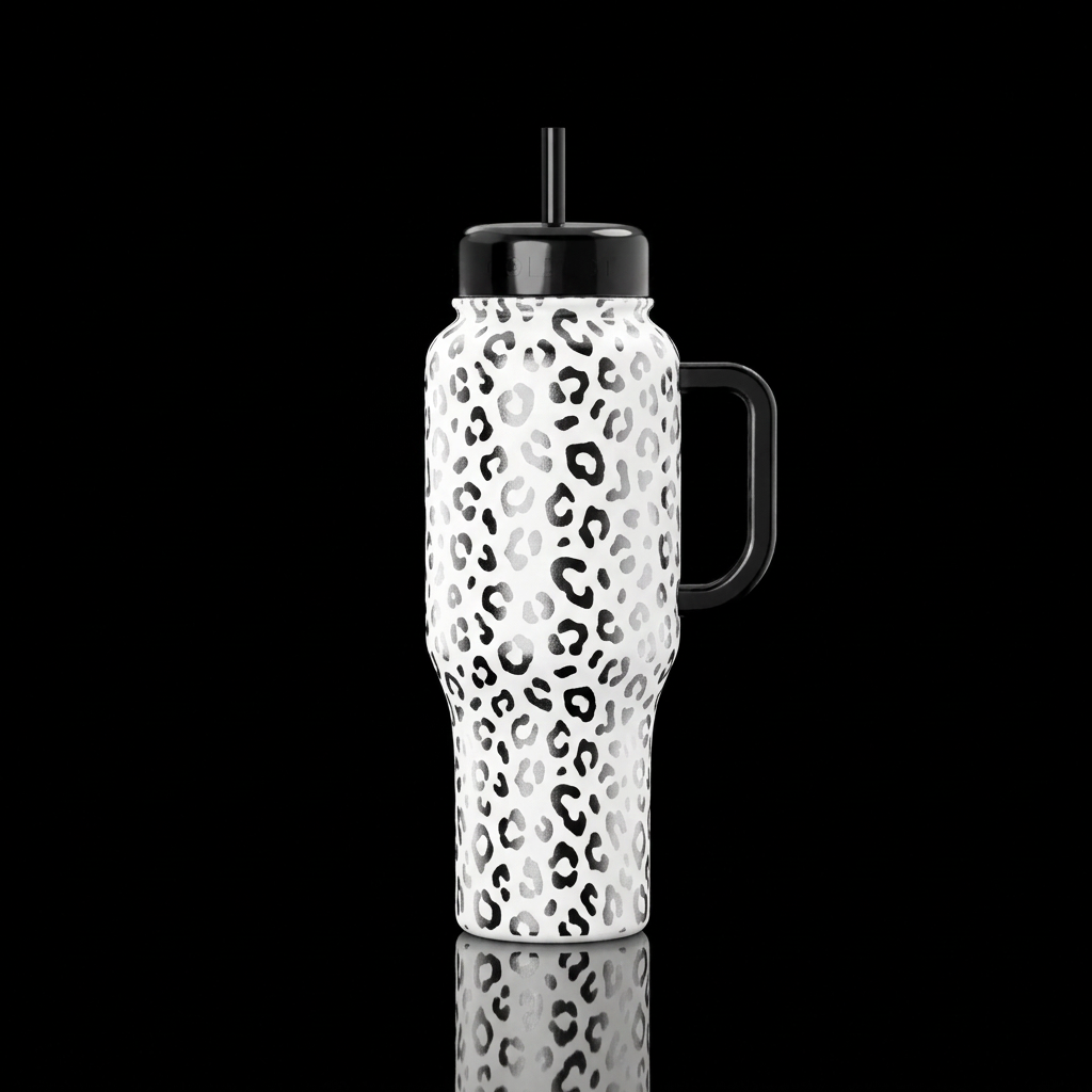 white leopard pattern water bottle design
