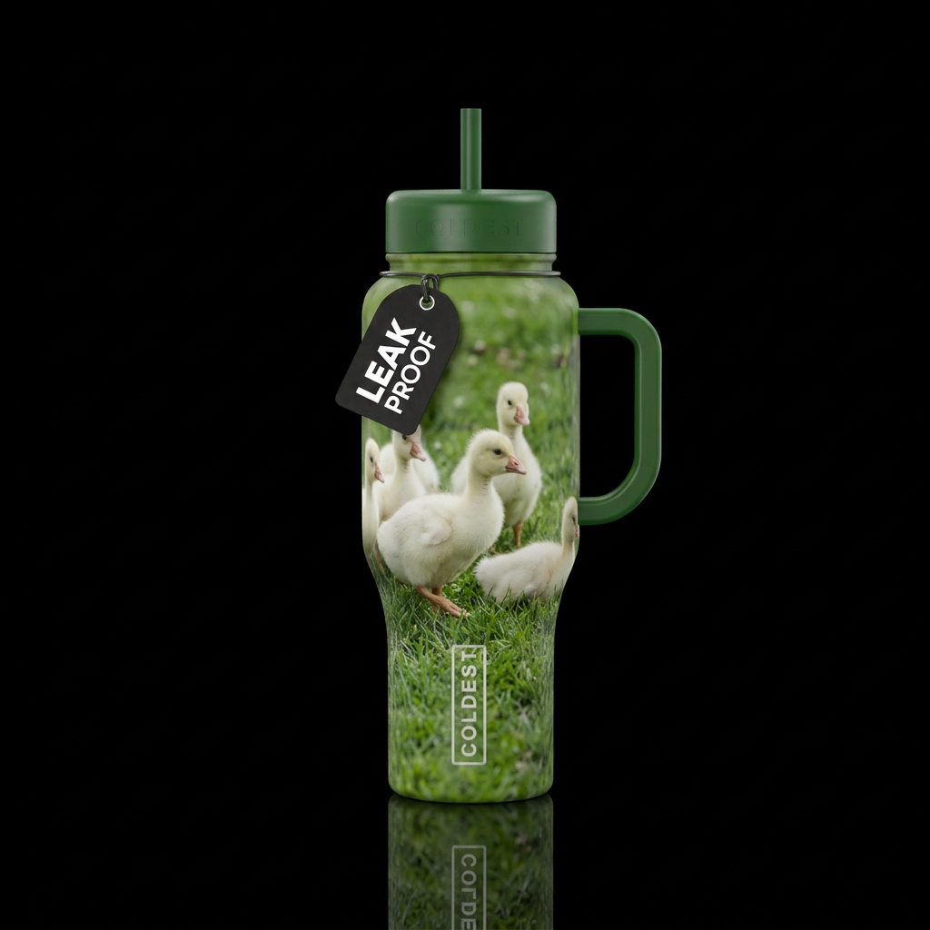 baby white geese on grass water bottle design