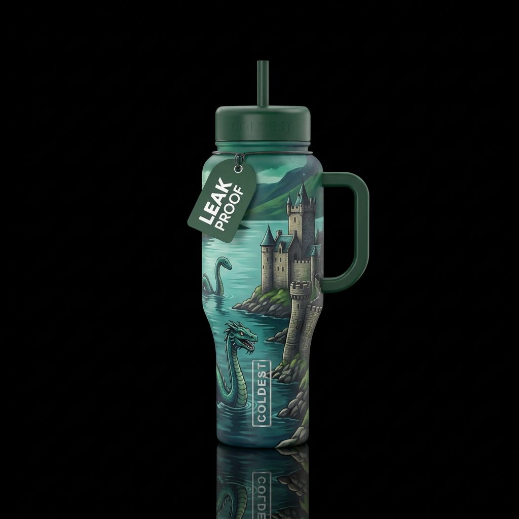 lochness castle and lochness monster near it water bottle design