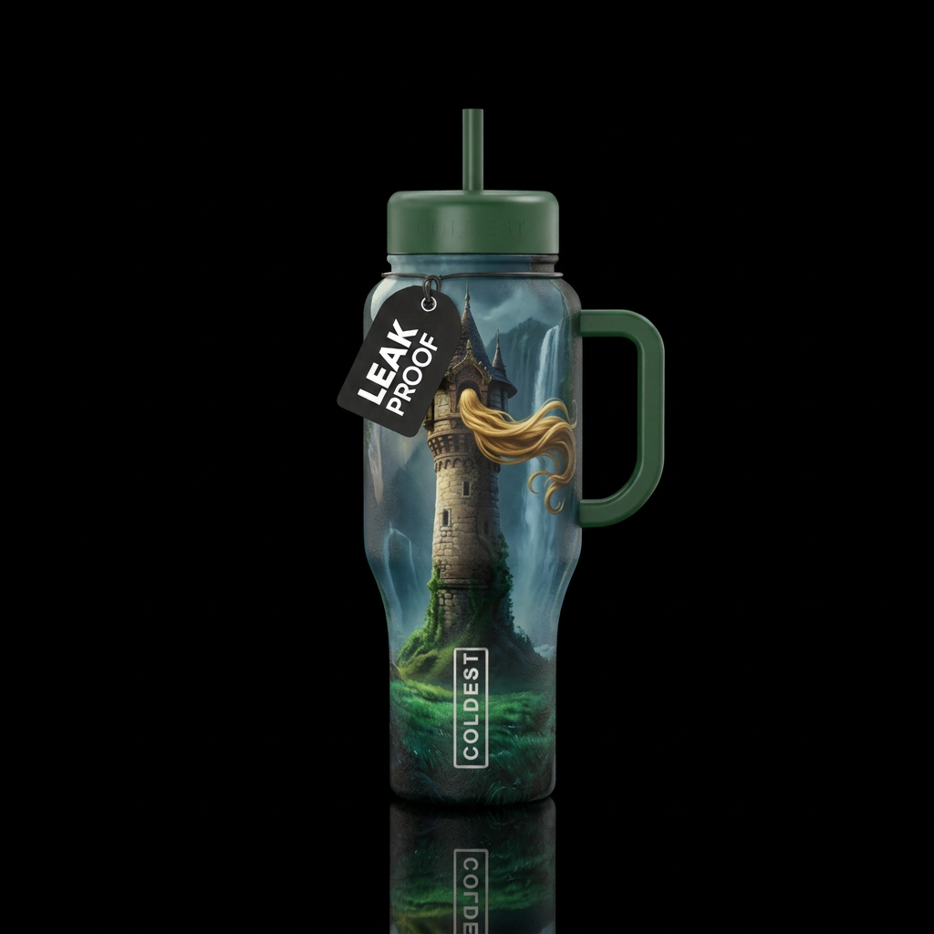 dark  realm Rapunzel on a old looking tower only h... water bottle design