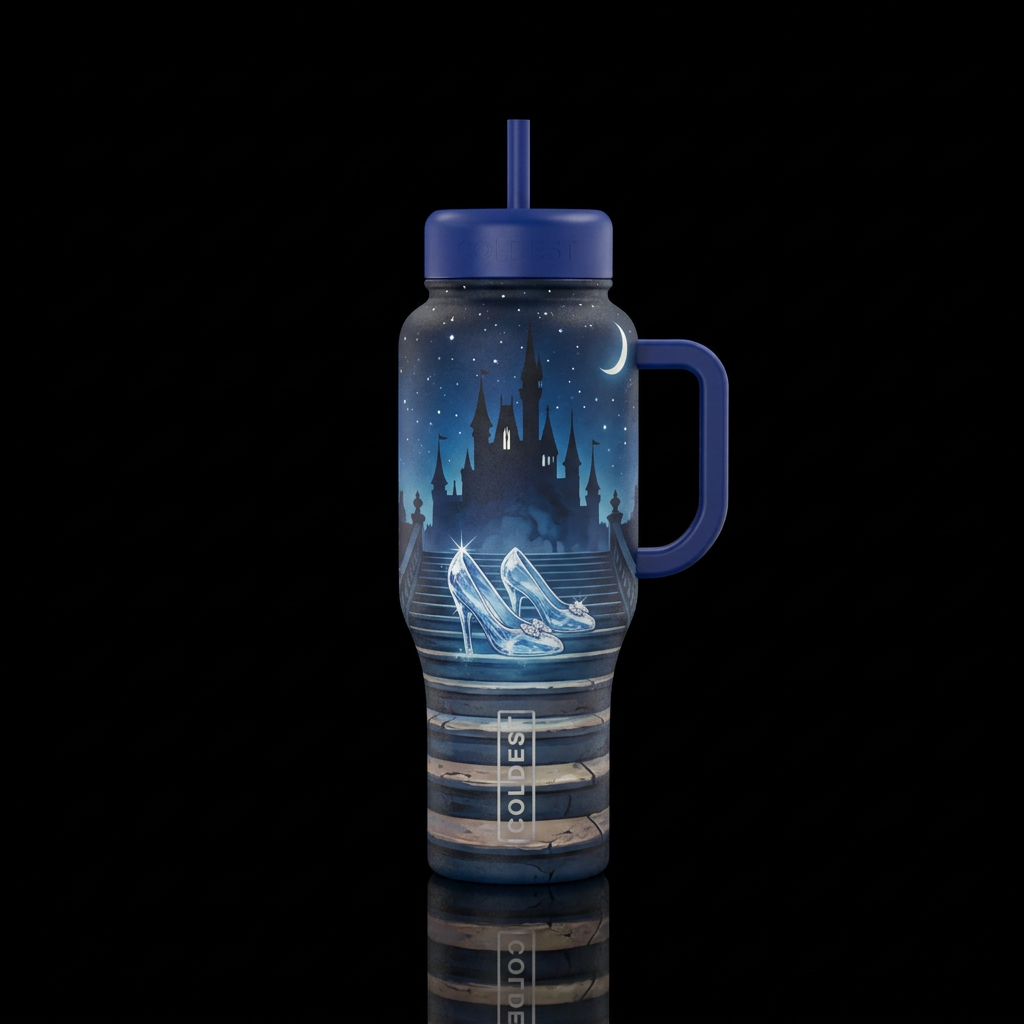 Cinderellas glass slippers  on the steps of a cast... water bottle design