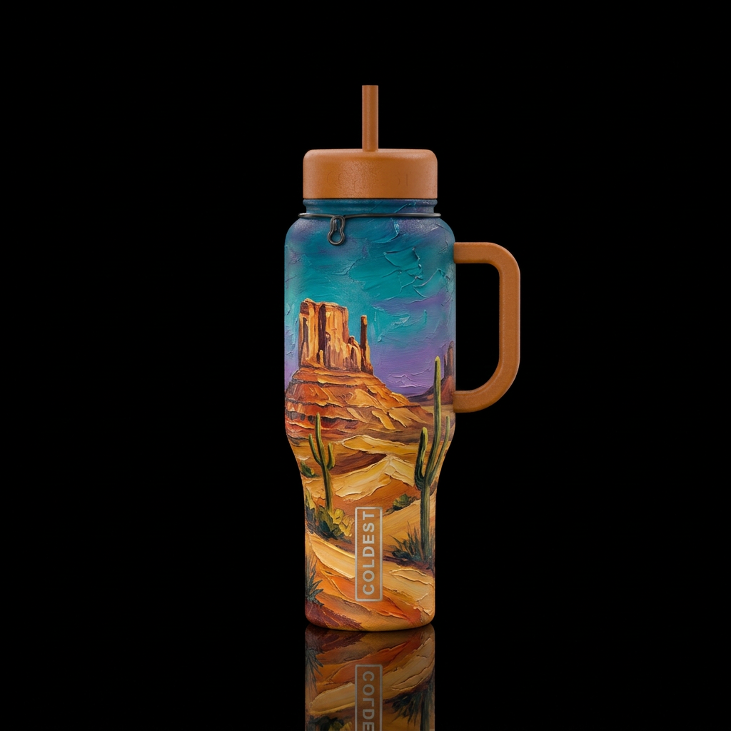 desert, oil painted water bottle design
