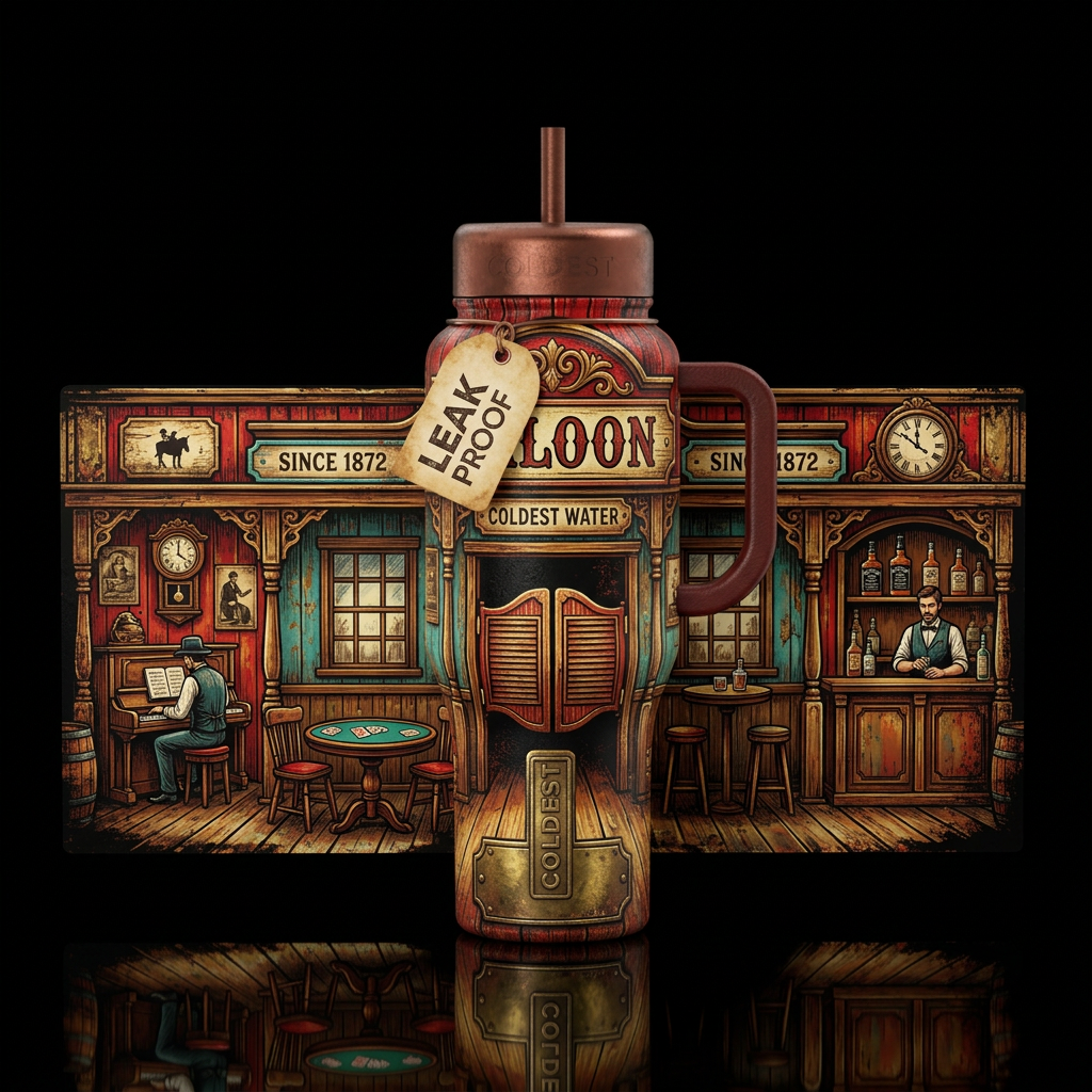 rustic, wild west salon water bottle design