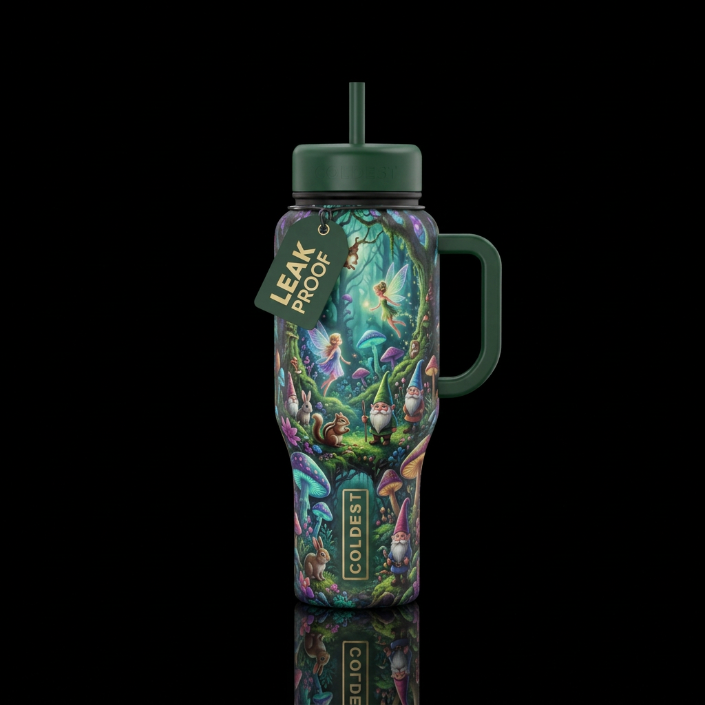 fantasy forest, fairies, gnomes, animals , water bottle design