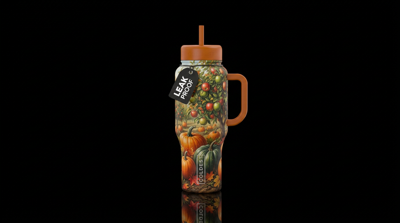 pumpkin patch and apple trees water bottle design
