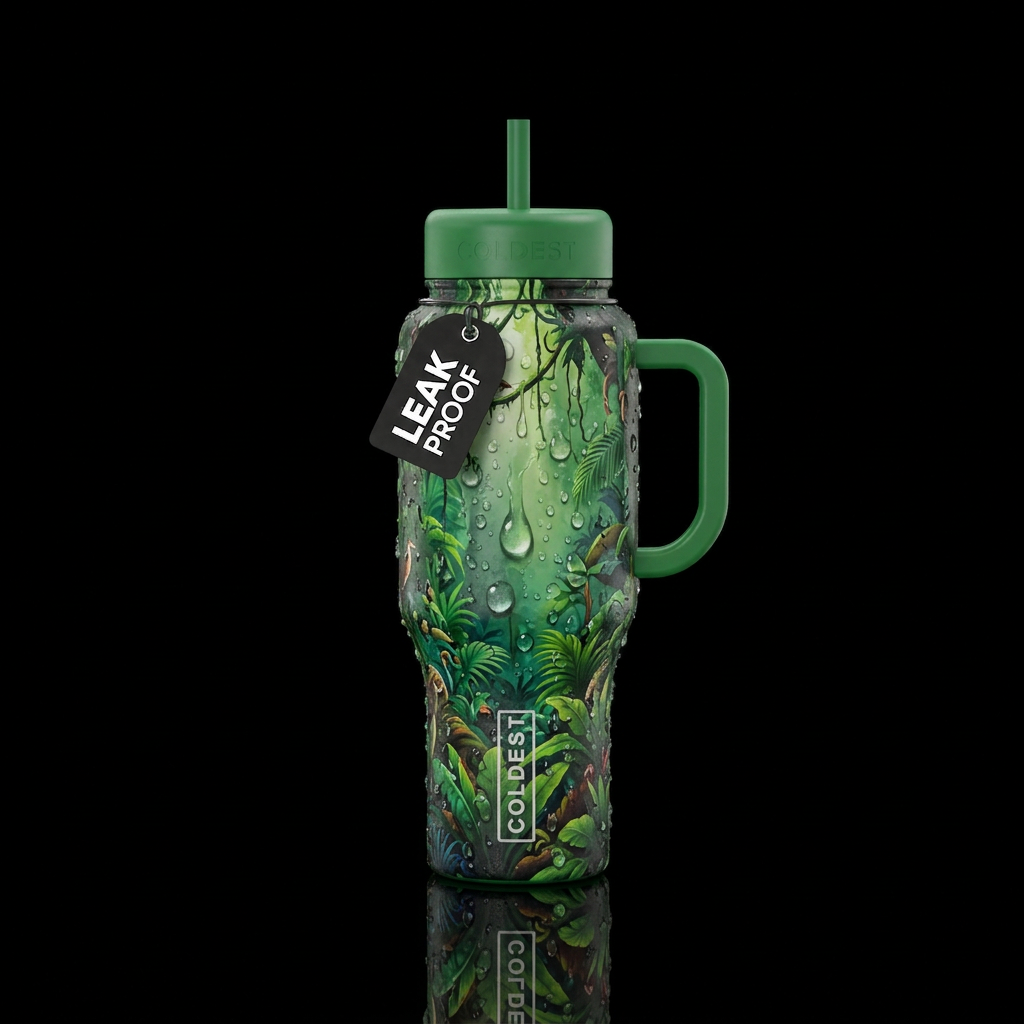 rainforest with textured rain drops water bottle design
