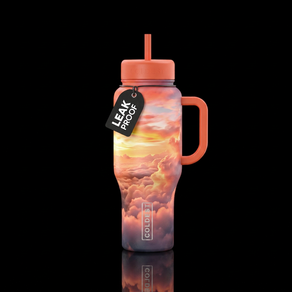 sunrise colors on clouds water bottle design