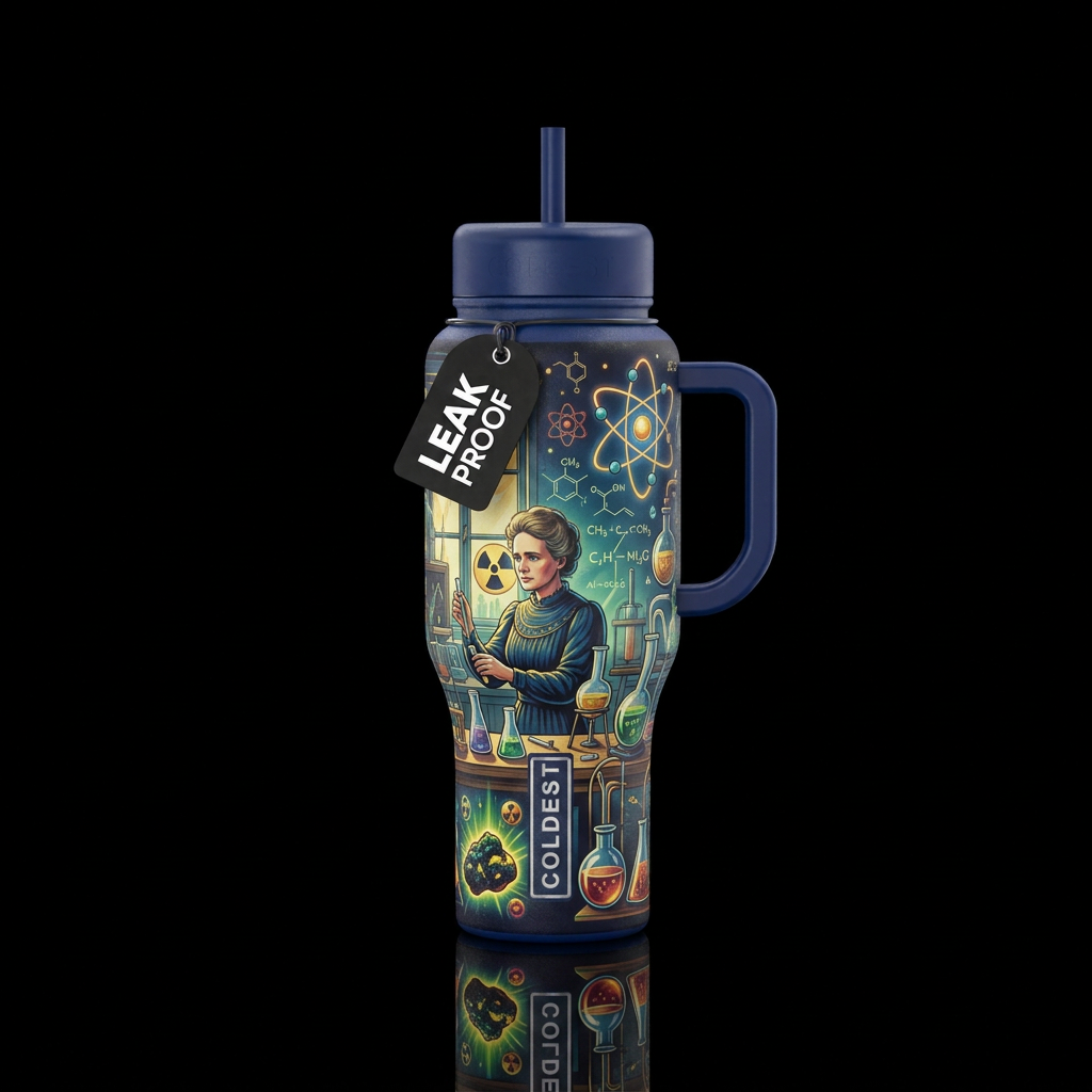 marie currie and her radiation lab water bottle design