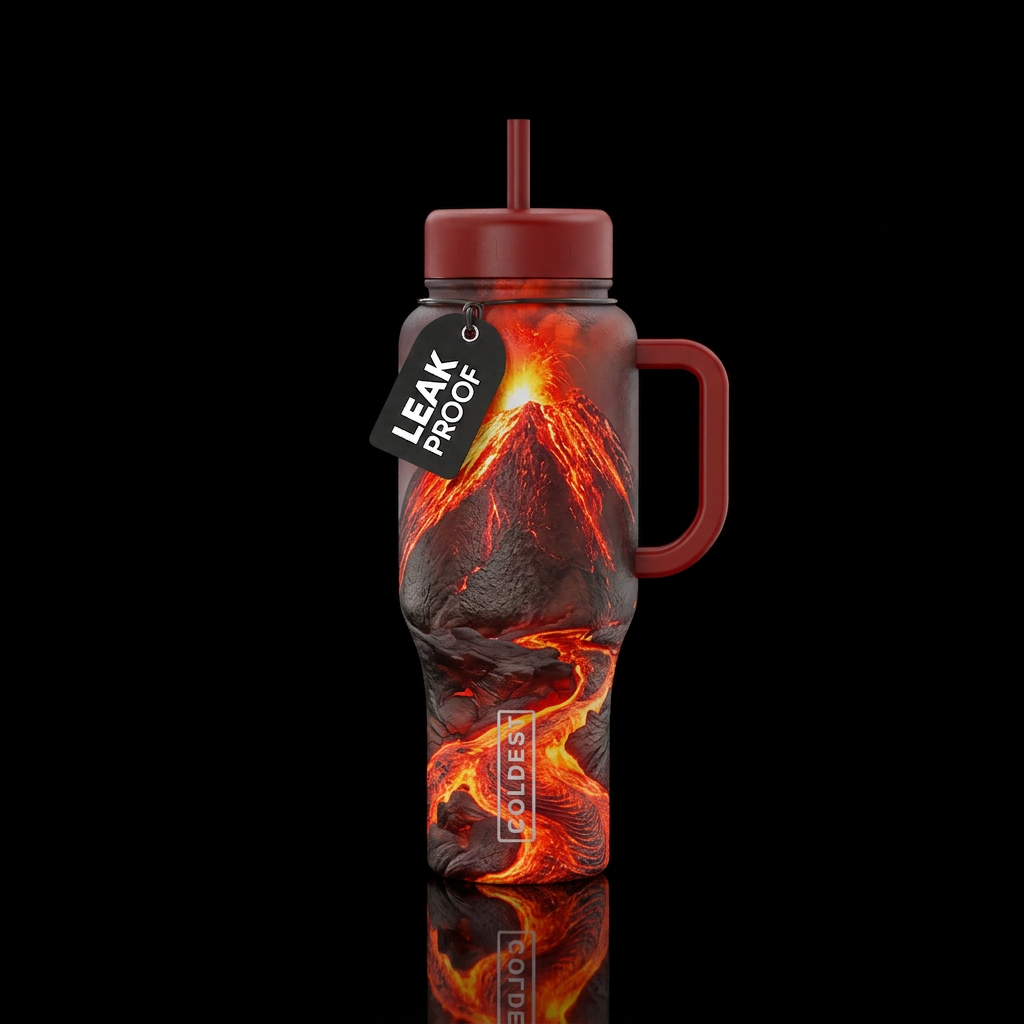 lava falling from volcano, lava flows around the b... water bottle design