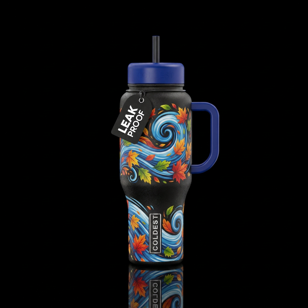 colors in the wind, colorful leaves, blue and whit... water bottle design