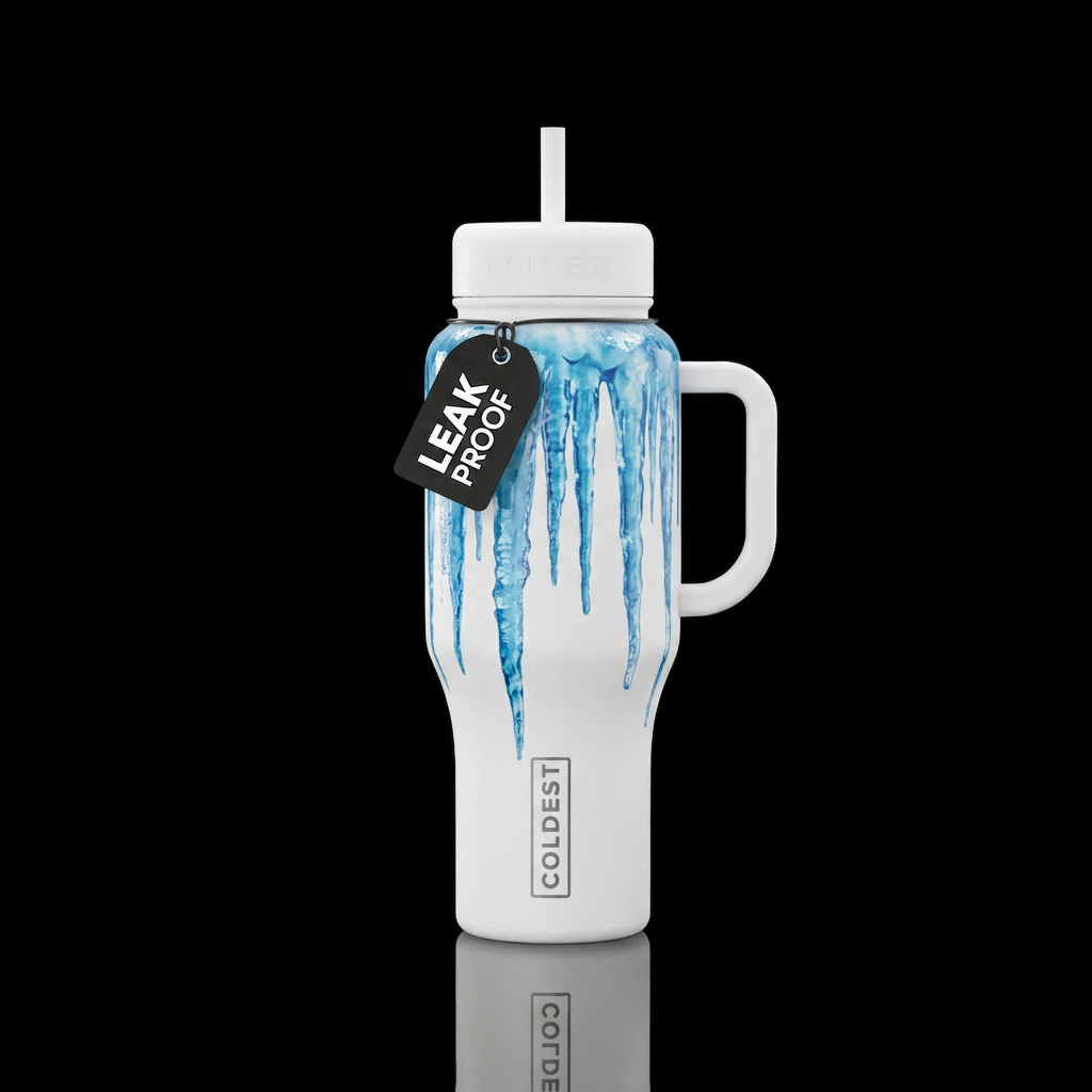 melted blue icecycles dripping down a white bottle water bottle design